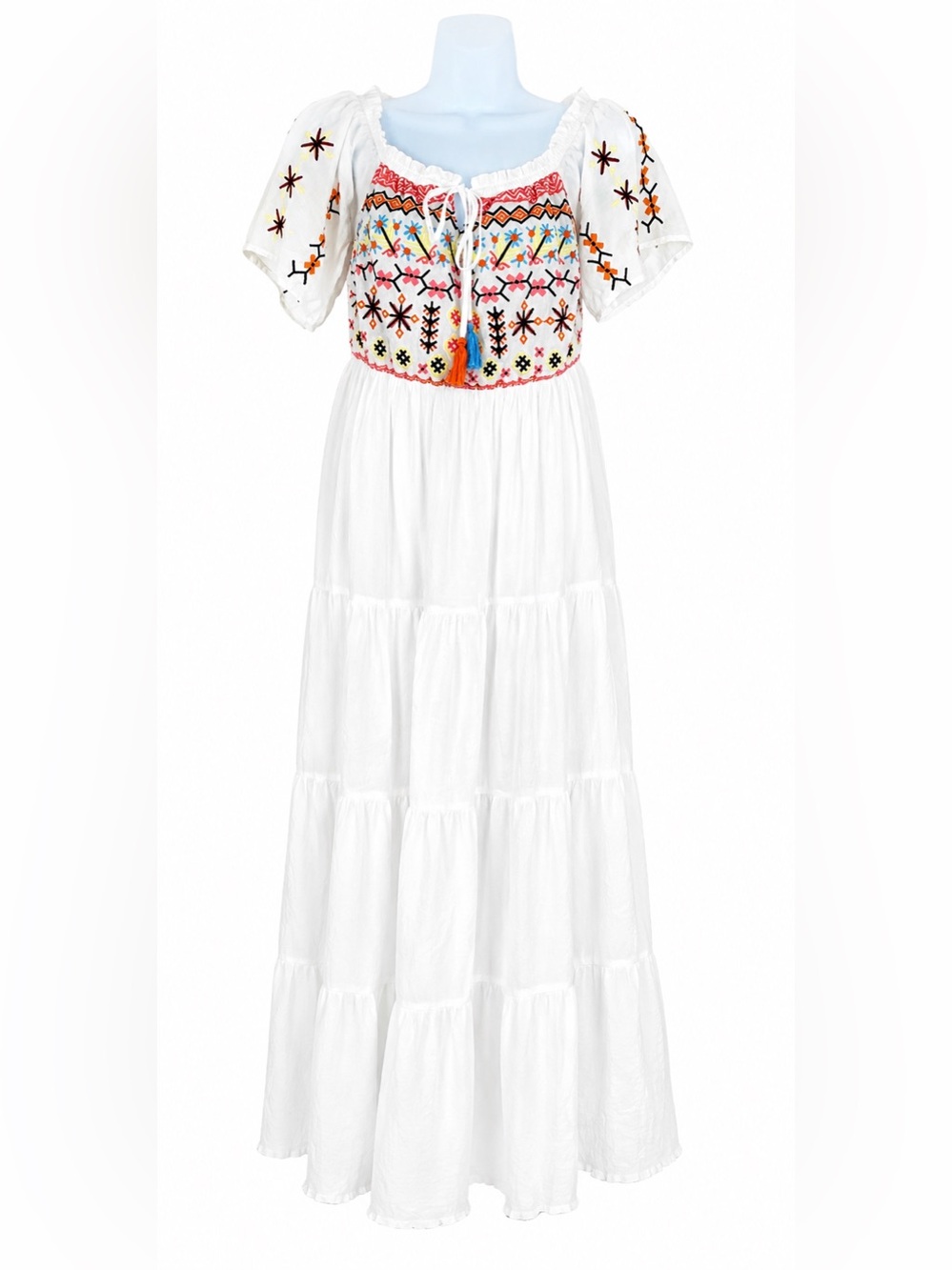 Lulumari White Maxi Dress with Multicolor Embroidered Bodice - Picture 1 of 5